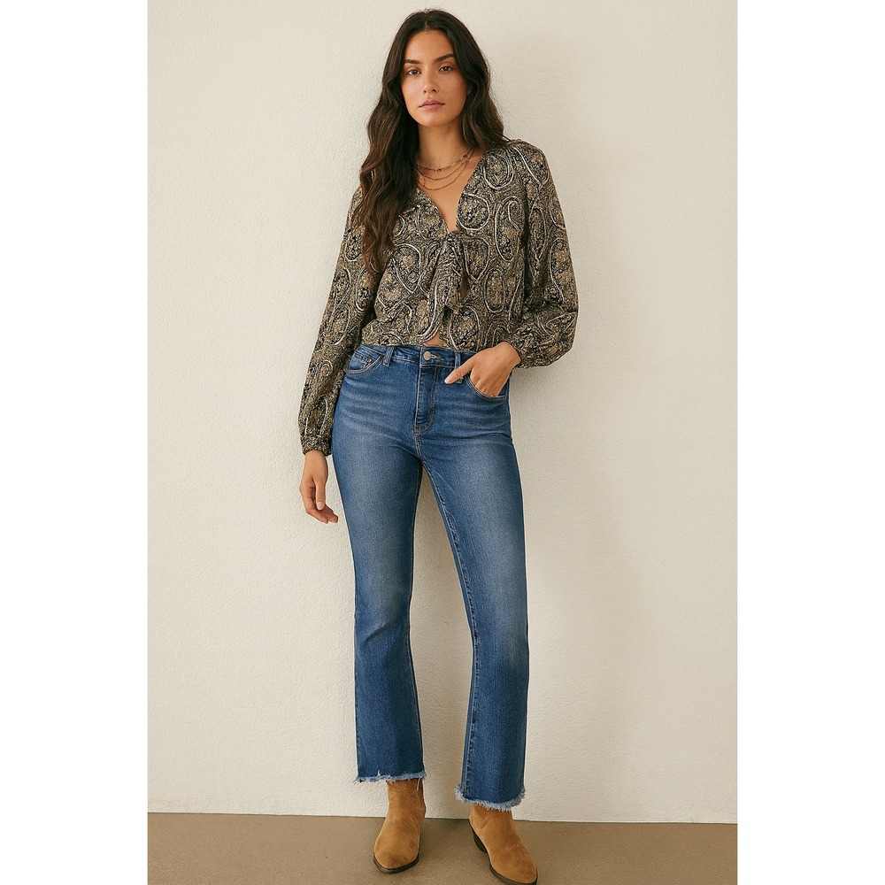 Kancan Bootcut Jeans for Women Frayed Hem Dark Wash Denim Trendy Style